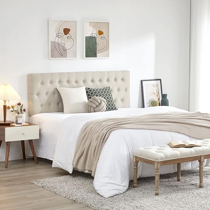Kingfun Headboards in Modern Button Design, Premium Linen Fabric Upholstered Tufted Bed Headboard, Adjustable Solid Wood Head Board (Beige, Twin)