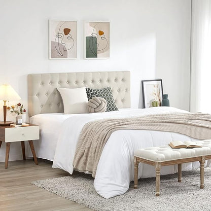 Kingfun Tufted Upholstered Full Size Bed Headboard in Modern Button Design, Adjustable Solid Wood Head Board, Premium Linen Fabric Padded Headboards in Bedroom (Beige)
