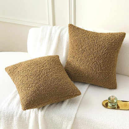 FUTEI Khaki Throw Pillow Covers 16x16 Inch Set of 2,Furry Faux Fur Teddy Boucle Textured Cushion Covers,Soft Fluffy Decorative Pillow Case,Home Decor for Couch Bed Living Room Office Car