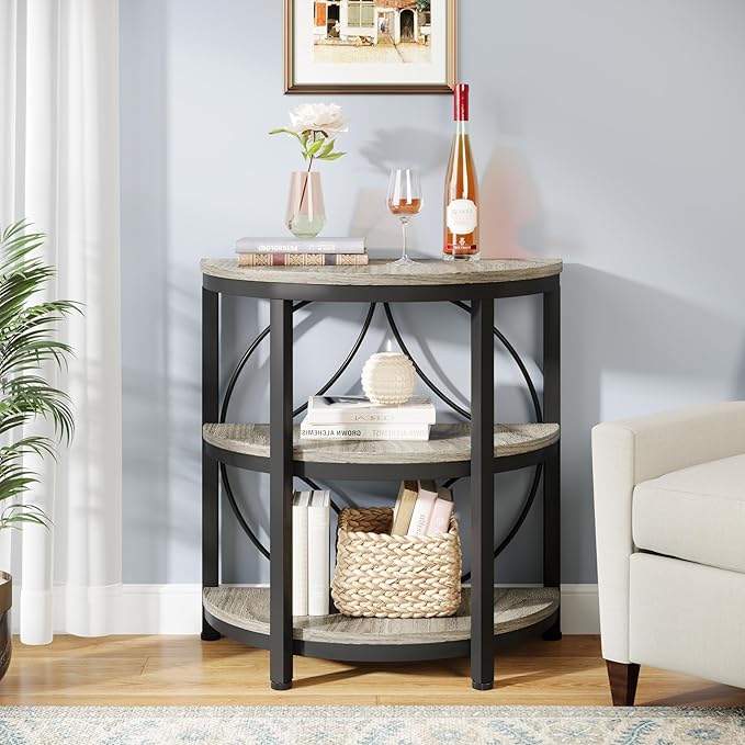 Tribesigns Half Round End Table for Living Room Set of 2, 3-Tier Half Side Table with Metal Frame, Industrial Half Moon Table with Storage Shelves for Entryway, Bedroom, Grey