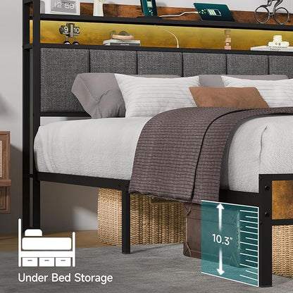 Z-hom Queen Bed Frames, Queen Bed Frame with 2-Tier Storage Upholstered Headboard, Metal Platform with USB Charging Station & LED Lights, Noise Free, No Box Spring Needed, Easy Assembly, Vintage Brown