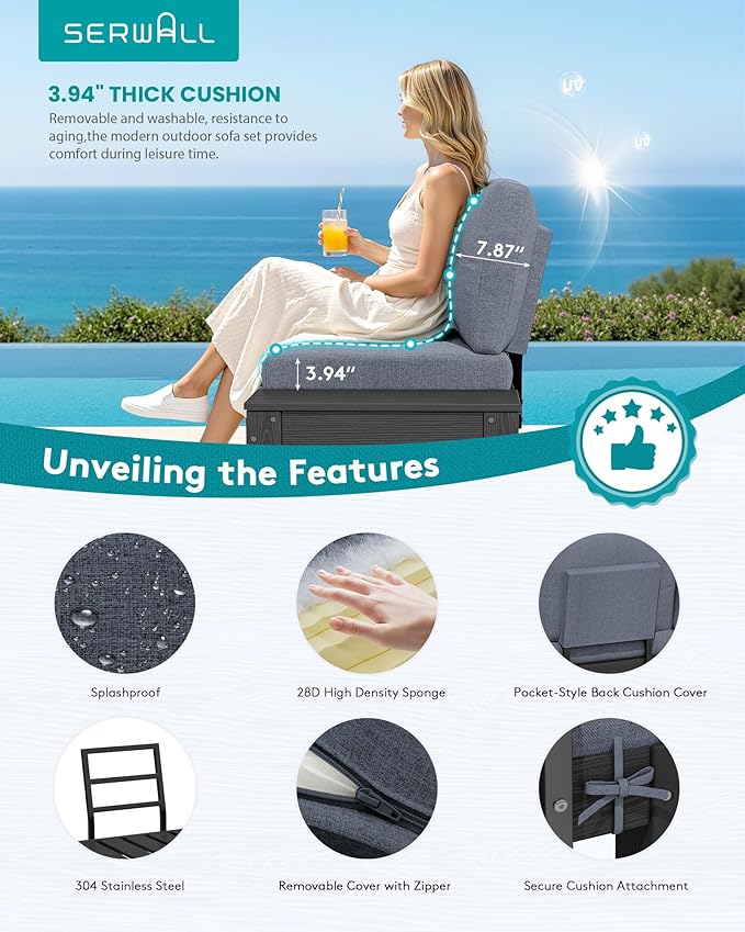 SERWALL HDPE Patio Furniture Set with 15FT Double Side Patio Umbrella, Outdoor Sofa Set, Seats 6, Modular Sectional Couch for Patio, Garden, Backyard, Black Frame with Grey Cushion