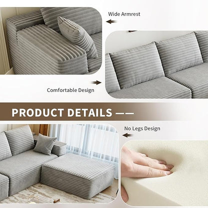 107.5" Cloud Modular Sectional Couch with 1 Ottoman,Modern Minimalist Upholstered Couches, Comfort U Shaped Sofa for Living Room,Deep Seat Corner Couch，No Assembly Required (Grey,Left Facing Chaise)