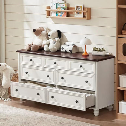 7 Drawers Dresser for Bedroom, Farmhouse 54" Wide Wood Dressers Chest of Drawers, Vintage Design TV Stand, Rustic Storage Dresser Organizer with Metal Handle Closet for Living Room, Hallway