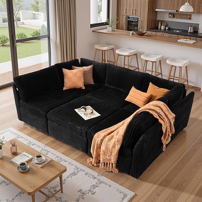 130'' Modern Modular Sectional Sofa with Movable Ottoman,5 Seats Cloud Comfort Corduroy Fluffy Couch,L Shaped Convertible Sofa Couch for Living Room,Black