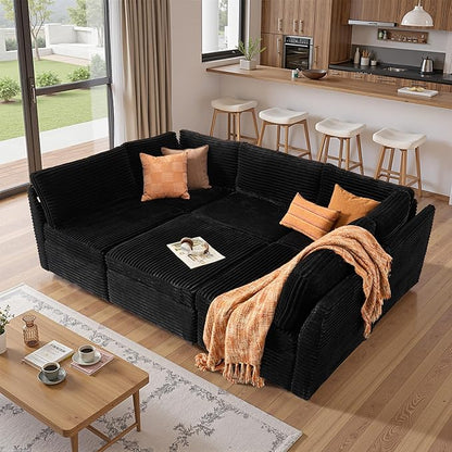 130'' Modern Modular Sectional Sofa with Movable Ottoman,5 Seats Cloud Comfort Corduroy Fluffy Couch,L Shaped Convertible Sofa Couch for Living Room,Black