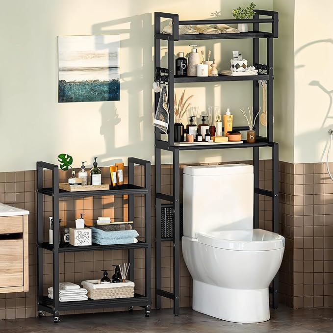 Recaceik 6-Tier Over The Toilet Storage Shelf with Cart, Freestanding Above Toilet Shelf Rack, Farmhouse Bathroom Organizer Shelves, Space Saver (Black)