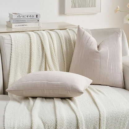 FUTEI Beige Chenille Decorative Throw Pillow Covers 24x24 Inch Set of 2,Soft Embossed Striped Textured European Cushion Case,Modern Home Decor for Couch Bed Living Room