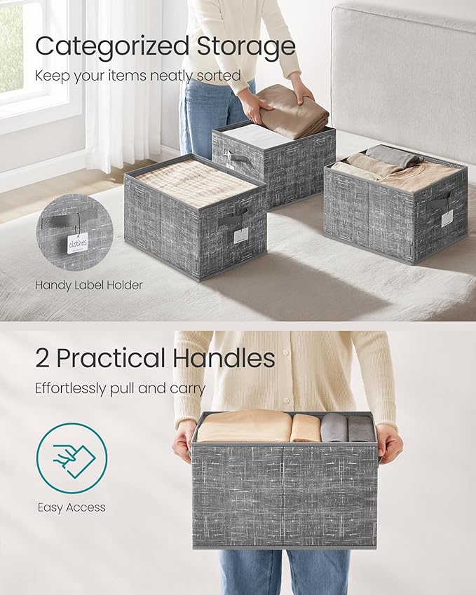 SONGMICS Storage Cubes, 15.7 x 11.8 x 9.5 Inches Non-Woven Fabric Bins with Double Handles, Set of 3, Closet Organizers for Shelves, Foldable, for Clothes, Cattail Gray UROB440G01