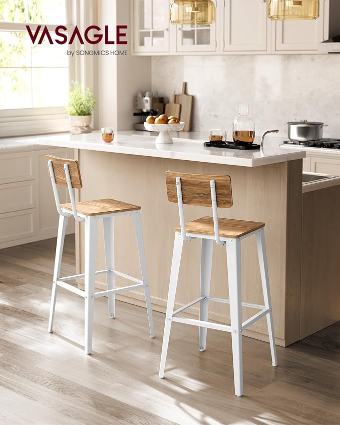 VASAGLE Set of 4 Bar Stools, Bar Height Stools, 29.1 Inches Tall Barstools with Back, Counter Bar Chairs for Kitchen Island, Steel Frame, Industrial Style, Easy Assembly, Wheat Brown and Cloud White