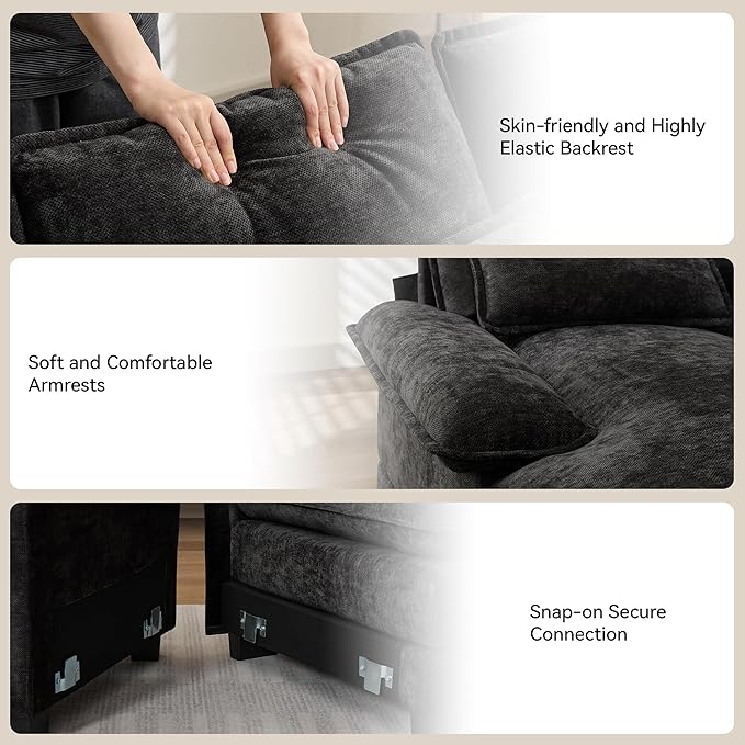 U Shaped Sectional Sofa with Storage Console, Cup Holders & USB Ports, Small Modular Cloud Couch with Deep Seats, Modern Comfy Living Room Sofa for Apartment, Chenille Black