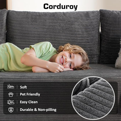 106" Cloud Sectional Couch with Chaise Lounge,L Shaped Modular Modern Sofa,Comfy Corduroy Fluffy Couches with Deep Seat,No Assembly Required Couch for Living Room(Right,Stripe Corduroy,Gray)