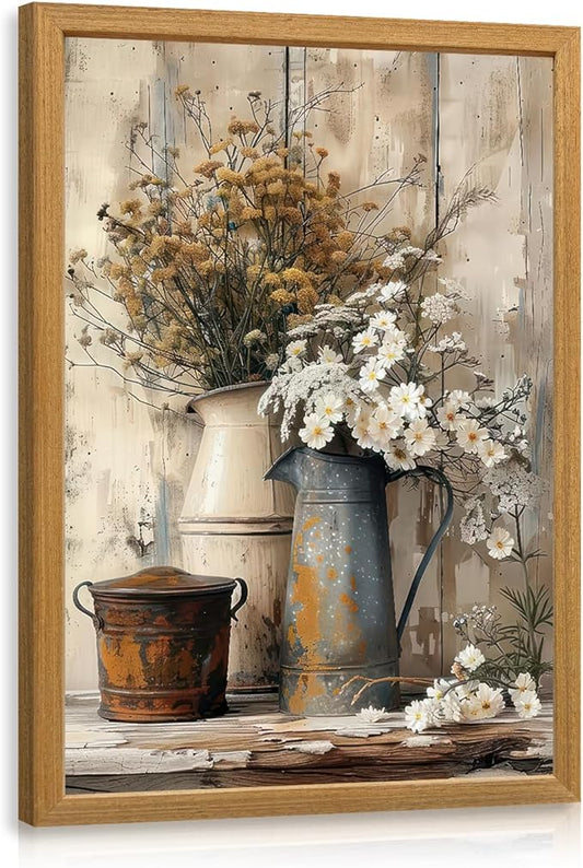 HLXRAE Rustic Farmhouse Bathroom Wall Art, Vintage Country Floral Still Life Wall Decor, White Daisy Canvas Painting, Shabby Chic Flower Poster Print for Bedroom Kitchen Wood Framed 16x24 inch