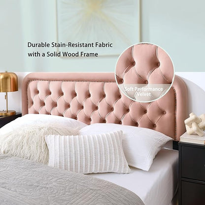 Tufted Upholstered Headboard,Button Solid Wood HeadBoards with Adjustable Height,Modern Performance Velvet Bed Head Boards,Easy Install&Nailhead (Pink, Queen)