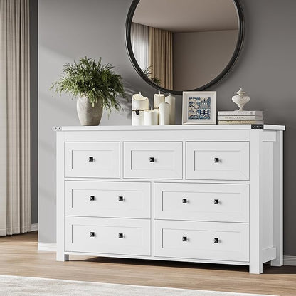 7-Drawer Dresser, Modern Wooden Storage Chest of Drawers, Dresser TV Stand, Wood Drawer Organizer with Metal Handles for Bedroom, Living Room, Hallway