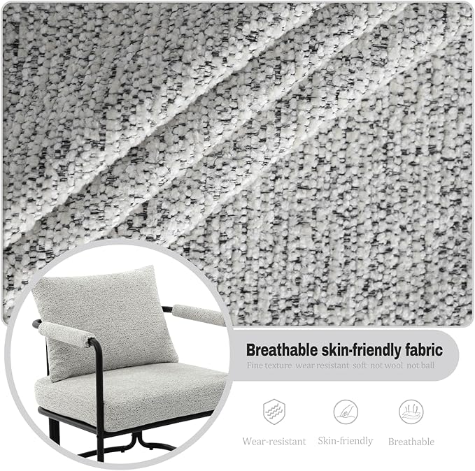 Single Accent Chair for Living Room, Mid Century Modern Upholstered Reading Armchair for Bedroom, Office, with Comfy Chenille Cushion Back & Metal Frame, Light Grey
