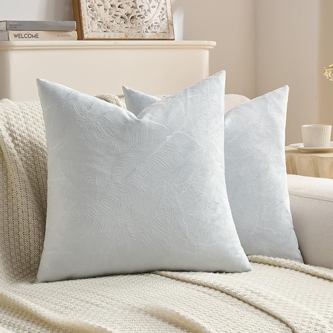 FUTEI Light Blue Velvet Throw Pillow Covers 26x26 Inch Set of 2,Soft Embossed Leaf-Relief Textured Euro Pillow Shams,Natural Home Decor for Couch Living Room