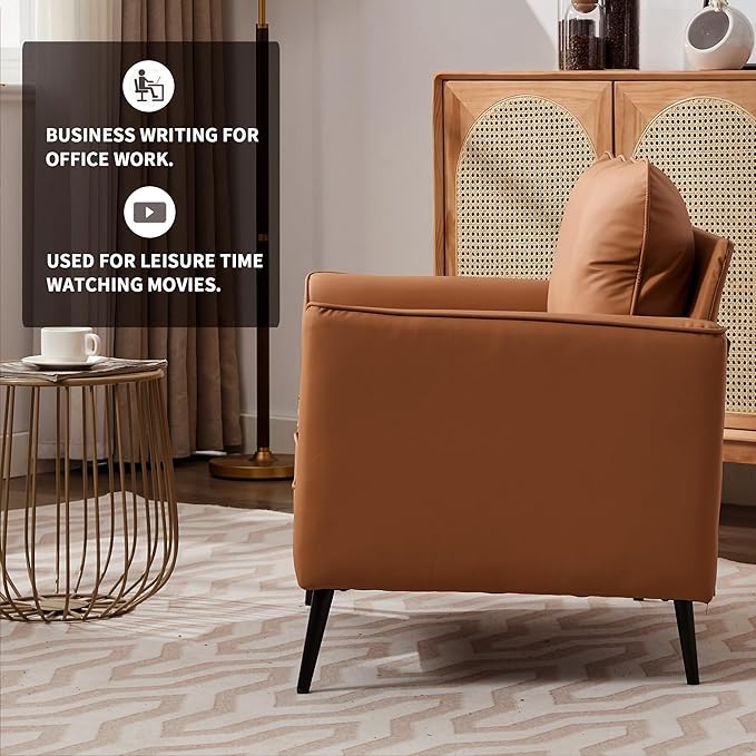 YISHENG Mid-Century Modern Living Room Accent Chairs Set of 2 - Oversized Faux Leather Armchairs with Removable Cushions & Metal Legs, Comfortable Sofas for Office/Lounge/Bedroom/Reception,（Brown）