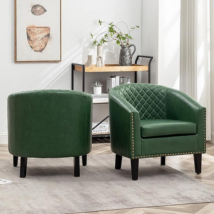 KINWELL 29" W Faux Leather Barrel Chairs Set of 2, Modern PU Upholstered Tufted Club Chairs with Nailhead Trim, Small Armchairs Accent Chairs for Living Room Bedroom Apartment Lounge Nursery, Green
