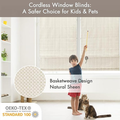 Madison Park Galen Cordless Roman Shade, 33"W x 64"H, Sheen Ivory – Room Darkening, Thermal Insulated, Energy Efficient Window Blind with Subtle Sheen Basketweave Fabric for Privacy