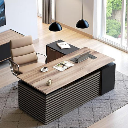 70.87" L Shaped Standing Executive Desk and 63" lateral File Cabinet, Large Adjustable Heigh Office Computer Desk with 3 Drawers,2.3" Desktop,Business Workstation,Black and Warm Oak