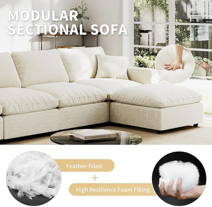 Modern Sectional Linen Couch for Living Room V-Shape Sofas,7 Seat Modular Cloud Sofas,Couches Cushion Covers Removable,Cozy Feather Down Sofa for Apartment Beige