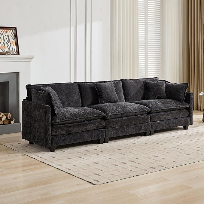 Aoowow Modular Sectional 3 Seater Cloud Sofa Couch for Living Room,113.8" Cloud Sofas with Deep Seat,Modern Chenille 3 Seat Sofas,Fluffy Cloud Couches for Bedroom,Apartment,Office (Black, 3 Seater)