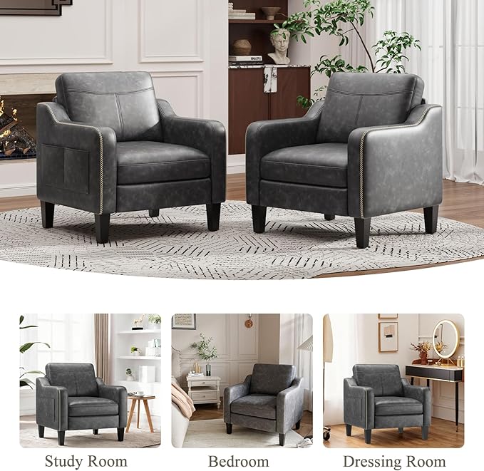 PU Leather Accent Chair, Mid-Century Modern Living Room Armchair Sofa with Removable Cushions, Solid Wood Frame & Stitched Armrest Design, Bedroom Chair with Plastic Legs, Black