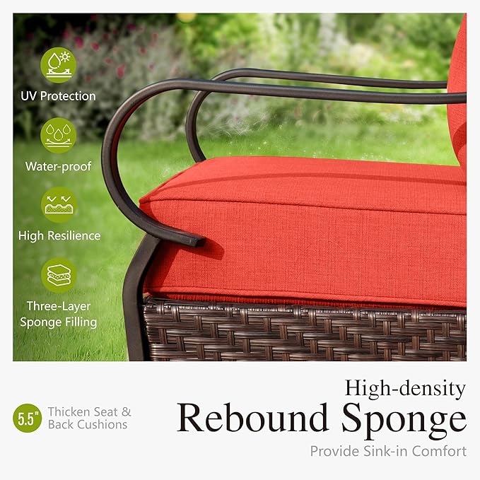 Sophia & William Extra Large Outdoor Patio Sofa Chairs Set 2 PCS Heavy-Duty Porch Furniture with High Back & Deep Seating Area, 5.5" Thicken Cushions for Deck, Lawn, Outside (Red)
