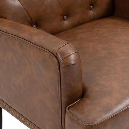 Pia Ricco PU Leather Accent Chairs 2 Pack - Modern Armchairs with Wooden Legs, Office Living Room Bedroom Seating Set-Brown