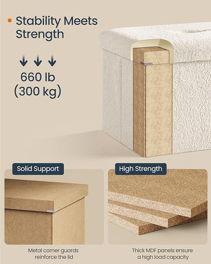 SONGMICS Storage Ottoman Bench, Storage Chest, 15 x 30 x 15 Inches, Foot Rest Stool, End of Bed Bench, Load up to 660 lb, for Living Room, Bedroom, Entryway, Cream White ULSF096W01