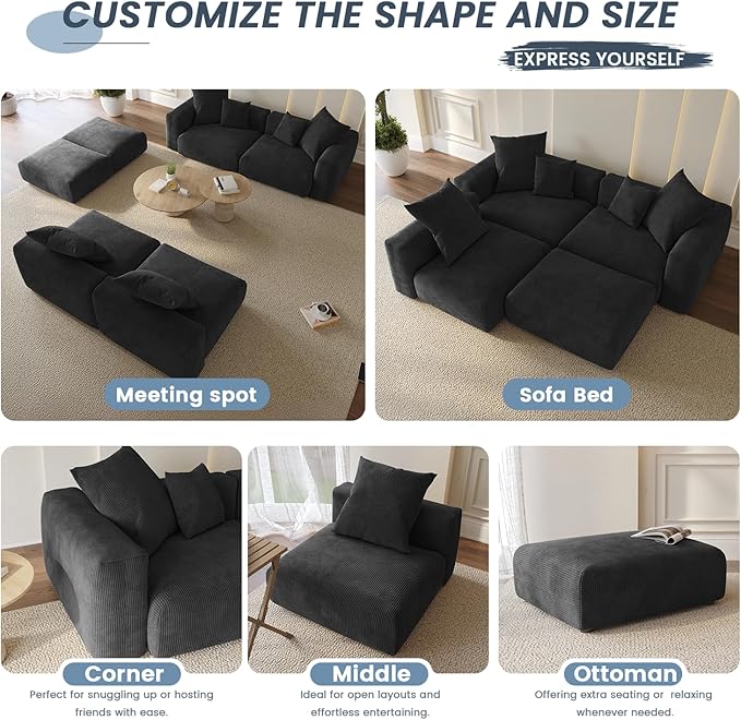 WJShome Cloud Couch Modular Sectional Sofa,102inch Corduroy Couch 2 Seater LoveSofa,Black Convertible Sectional Sofa for Living Room, Cushion Covers Removable& Washable