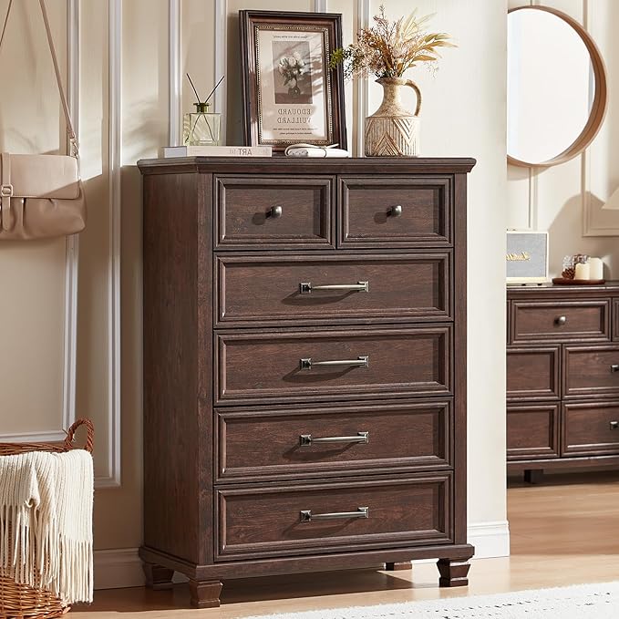 Farmhouse Bedroom Dresser and Nightstand Set of 4, 6 Drawer Tall & 5 Drawers Dresser & 2 Drawer Nightstand Set, Rustic Wood Bedroom Furniture Set for Livingroom, Hallway, Walnut