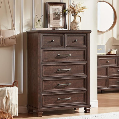 Farmhouse Bedroom Dresser and Nightstand Set of 4, 6 Drawer Tall & Low Dresser & 2 Drawer Nightstand Set, Rustic Wood Bedroom Furniture Set for Livingroom, Hallway, Walnut