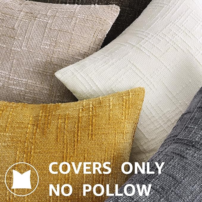 decorUhome Mustard Yellow Chenille Throw Pillow Covers 16x16 Set of 2 Thick Textured Slubby Couch Pillow Covers Farmhouse Accent Modern Neutral Decorative Pillow Cases for Bed Sofa Living Room