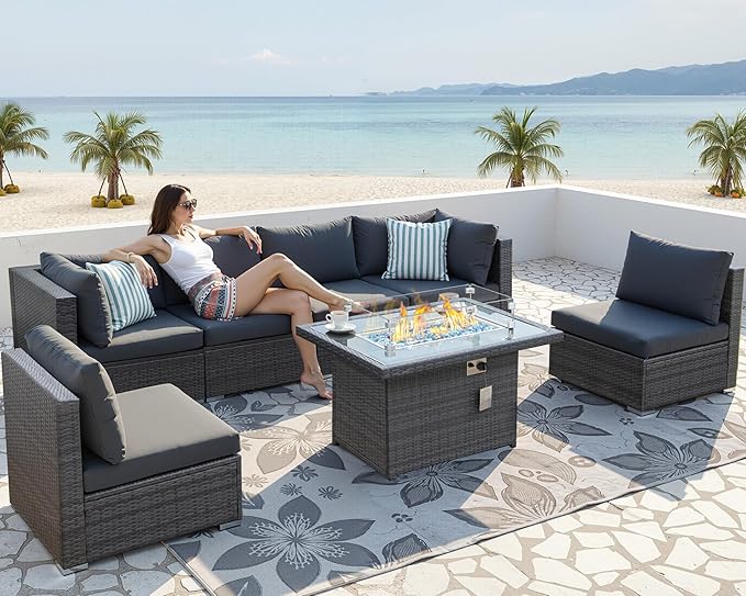 NICESOUL Extra Large Rattan Patio Furniture Set with Gas/Propane Fire Pit Table, 29.3'' High Back Comfy Outdoor Sofa Conversations, 7 Piece Moden Deep Wide Seated Sectional Couch for Backyard, Gray