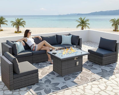 NICESOUL Extra Large Rattan Patio Furniture Set with Gas/Propane Fire Pit Table, 29.3'' High Back Comfy Outdoor Sofa Conversations, 7 Piece Moden Deep Wide Seated Sectional Couch for Backyard, Gray