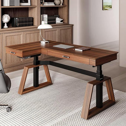 EUREKA ERGONOMIC L Shaped Desk 63", Solid Walnut Wood Top, Executive Standing Desk Adjustable Height, Dual Motor Corner Workstation with Drawers & Monitor Shelf for Home Office, Left