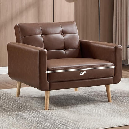 CANMOV 29" W Oversized Leather Accent Chair, Armchair Button Back, Mid Century Modern Accent Chairs for Living Room, Modern Upholstered Bed Room Chair Cozy Armchair with Wood Legs, Brown