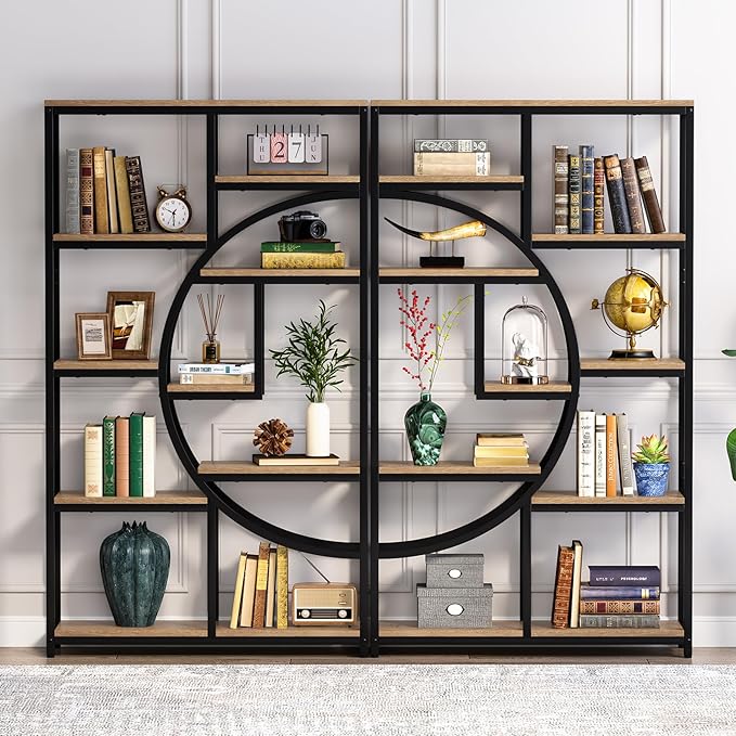 Tribesigns Bookshelf Industrial 5 Tier Etagere Bookcase, Freestanding Tall Bookshelves Display Shelf Storage Organizer with 9-Open Storage Shelf for Living Room, Bedroom (Light Oak, 2 Pack)