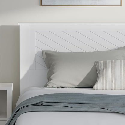 Serene Farmhouse Style Wood Bed in King Size with Chevron Scoring Headboard, Coastal Modern Design, Sturdy, Easy Assembly, Ample Underbed Storage, White Finish