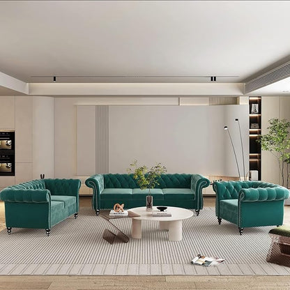 Chesterfield 3 Seater Sofa, Modern Velvet Tufted Couch 3 Seater with Rolled Arms and Nailhead Mid-Century Upholstered Couch for Living Room, Bedroom, Apartment and Office, Green