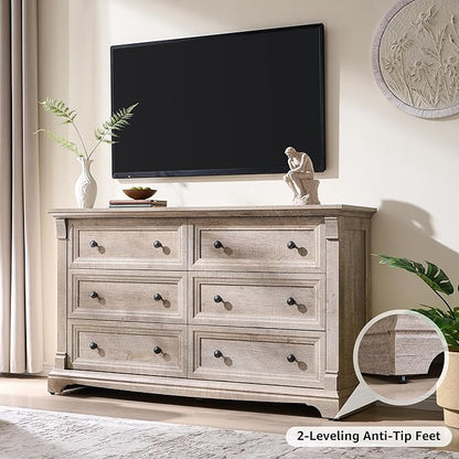 Farmhouse 6 Drawers Dresser for Bedroom, 54" Wide Large Dressers & Chests of Drawers w/Roman Column, Wooden Dresser TV Stand with Large Drawers for Nursery Bedroom Living Room Hallway,Light Rustic Oak