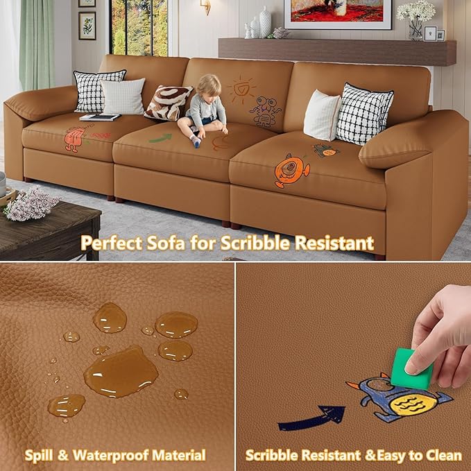 EASE MOOSE Oversized Modular Sectional Sofa,Leather Sectional Couch with Deep Seat,Extra Large U Shaped Couch,Modern Comfy Scratch Resistant Faux Leather Material Sofa,Brown
