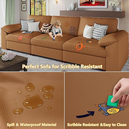 EASE MOOSE Leather Sectional Couch, Oversized Modular Sectional Sofas, Wide Deep Seat Modular Couch, Scratch Resistant Faux Leather Material, L Shaped Sofa for Big Spaces, Brown