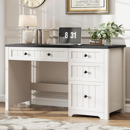 Vabches Farmhouse Executive Desk with 4 Drawers, Home Office Desk with Storage Cabinet and File Drawer, Wood Computer Desk with Storage, Rustic Office Desk for Work Study Writing, Black White