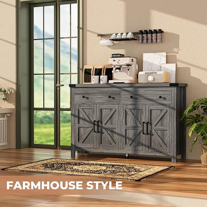 55" Sideboard Buffet Cabinet with Storage, Coffee Bar Cabinet with 2 Drawers and 4 Barn Doors, Long Storage Cabinet Modern Farmhouse, Grey Wood, for Kitchen, Dining Room, Living Room