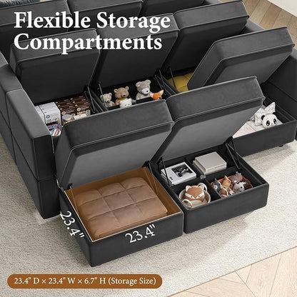 Vesgantti Sectional Sleeper Sofas with Storage, 118" Sofa Bed with 8 Seats Storage Chaises Removeble Cover, Deep Seat Modular Couches Velvet Couch Set for Living Room, Apartment, Home Theatre, Gray