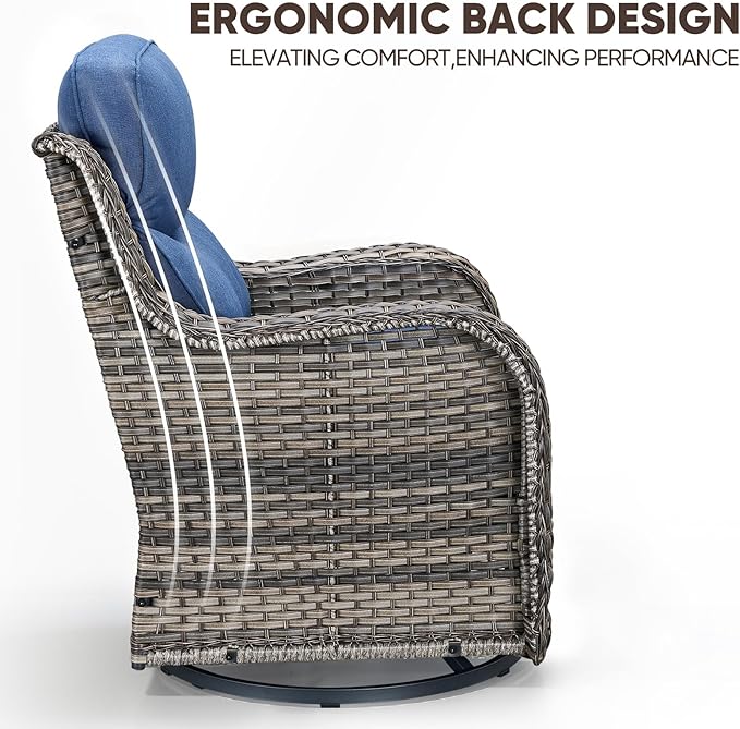 Swivel Patio Chairs sofa Set of 8 with 6" Thick Cushion - Wicker Outdoor Swivel Rocker Patio Chair ,Sofa/Glass coffee table, High Back Comfortable Outdoor Glider Chairs - Gery Wicker | Blue Cushions