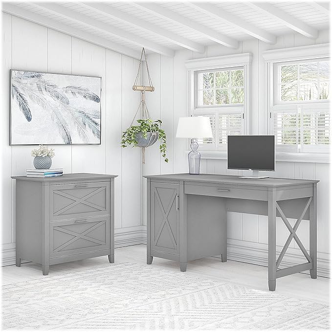 Bush Furniture Key West 54W Computer Desk with Storage and 2 Drawer Lateral File Cabinet in Cape Cod Gray